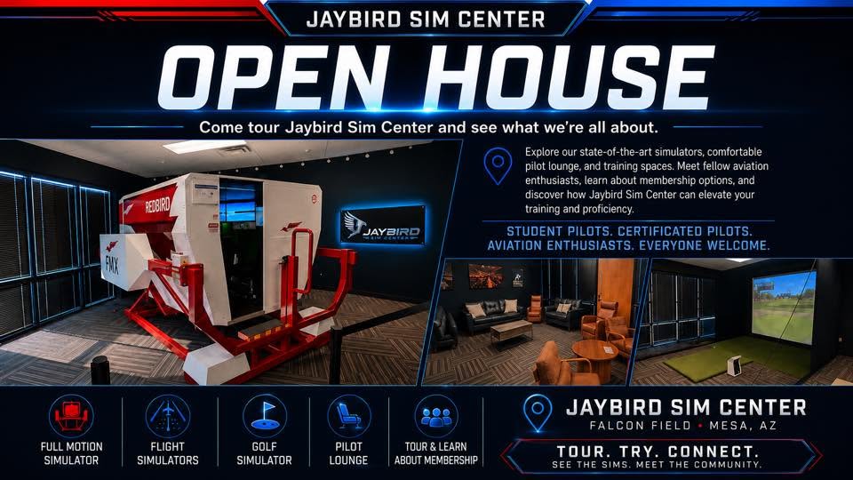Jaybird Sim Center Open House vertical flyer