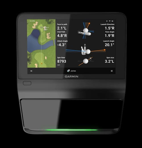 Garmin Approach R50 touchscreen showing live shot data — face-to-path, club path, attack angle, spin rate, launch direction and angle