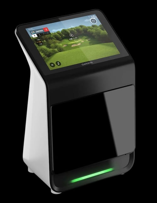 Garmin Approach R50 launch monitor — full-color touchscreen on a black-and-white wedge enclosure with green LED status bar