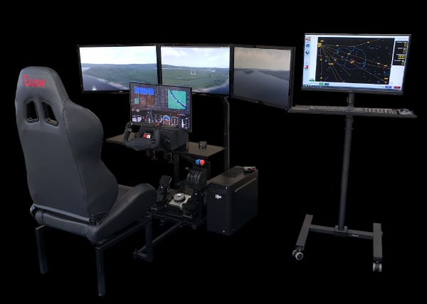 Studio shot of a Gleim BATD trainer rig — sport seat, three landscape monitors, glass-cockpit panel, throttle quadrant, and external instructor station