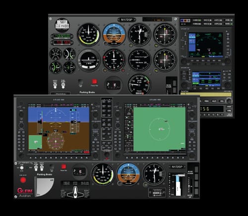 Comparison of the two Gleim panel layouts — classic six-pack steam-gauge instruments above a modern glass-cockpit Cessna 172 panel